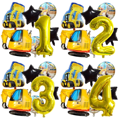 Set di Palloncini per Festa di Compleanno Veicoli da Cantiere Escavatore Ruspa Stelle Palloncini in Foil per Decorazione
