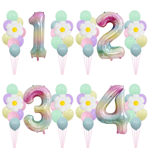 Gradient Rainbow Star Number Balloon White Daisy Aluminum Foil Latex Balloons Birthday Carnival Party Decoration Accessories