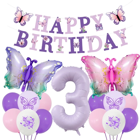 Butterfly Birthday Party Decoration Set Purple Pink Foil Butterfly Balloon Happy Birthday Banner Latex Balloons For Girls Party Decor