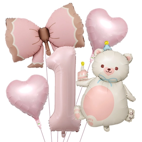 40 Inch Baby Pink Foil Balloon Set Cartoon Bear Number Heart Bow For Kids Birthday Party Decoration Supplies