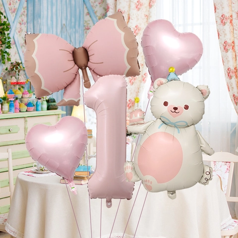 40 Inch Baby Pink Foil Balloon Set Cartoon Bear Number Heart Bow For Kids Birthday Party Decoration Supplies