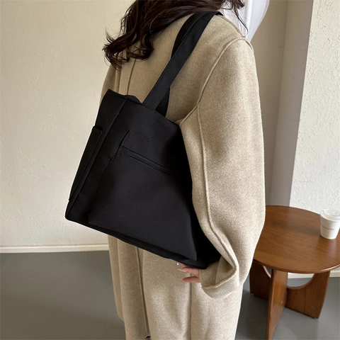 Women Large Capacity Canvas Tote Bag Casual Multi Pocket Shoulder Bag High Quality Minimalist Street Trend Shopper Handbag