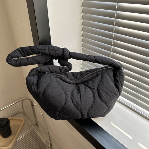 Quilted Shoulder Bag Nylon Puffer Padded Crossbody Knot Strap Large Capacity Cloud Dumpling Bag For Women