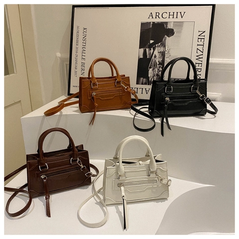 Chic Women PU Leather Shoulder Crossbody Bag Small Splicing Box Bag With Tassel Decor Top Handle Fashion Handbag Satchel