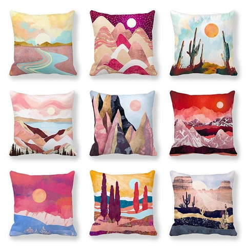 Abstract Landscape Marble Pattern Cushion Cover Peach Skin Fabric Square Throw Pillowcase For Home Sofa Living Room Decor