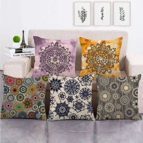 Funda de Cojín de Lino con Patrón Geométrico de Mandala Bohemio Funda Decorativa para Sofá Oficina Hogar Sala de Estar Cuadrado