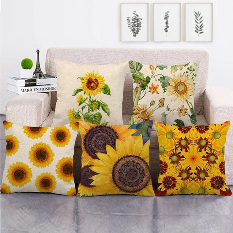 Sunflower Pattern Linen Pillow Cover Rustic Farmhouse Decorative Cushion Case For Sofa Living Room Home Decor