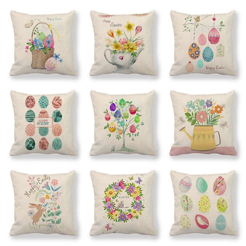 Federa Decorativa di Pasqua in Misto Lino Acquerello Vintage Con Coniglio e Uova Stampate Copricuscino Quadrato Per Divano Soggiorno Decorazione Casa