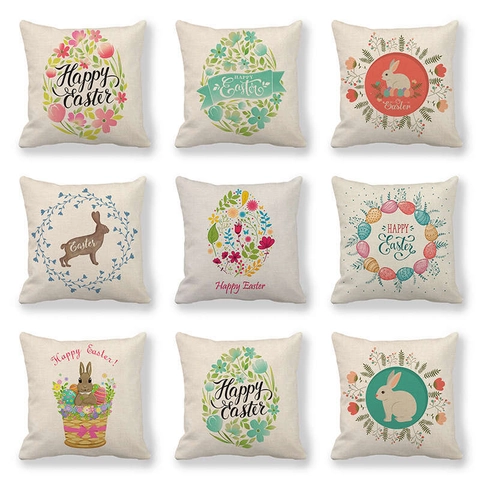 Linen Cushion Cover Happy Easter Bunny Egg Flower Rustic Farmhouse Decorative Pillowcase Home Sofa Decor Square Spring Festive Ornament