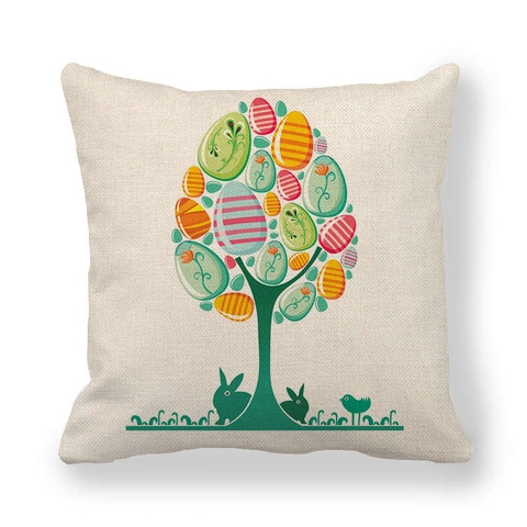 Linen Cushion Cover Happy Easter Bunny Egg Flower Rustic Farmhouse Decorative Pillowcase Home Sofa Decor Square Spring Festive Ornament