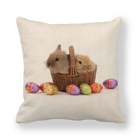 Easter Bunny Linen Throw Pillow Case Vintage Decorative Cushion Cover With Rabbit Eggs Print For Home Living Room Bedroom Decor