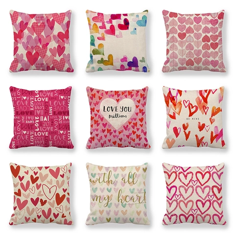 Valentine's Day Heart Pattern Linen Cushion Cover Love Quote Printed Square Throw Pillowcase For Sofa Living Room Decorative Pillow Case