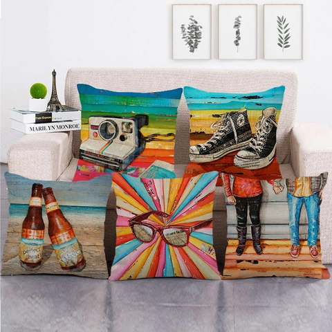 Artistieke Linnen Katoen Kussensloop Vintage Pop Art Vierkante Kussenhoes Voor Sofa Couch Decoratief