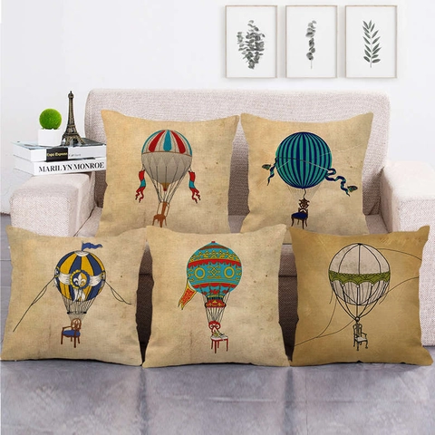Vintage Heteluchtballon Linnen Kussenhoes Retro Illustratie Vierkante Kussensloop Voor Bank Huis Decoratie Woonkamer