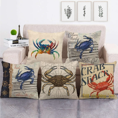 Funda de Cojín de Lino Serie Náutica Vintage Decorativa Cangrejo Langosta Vida Marina Funda de Almohada Cuadrada Para Sofá Hogar