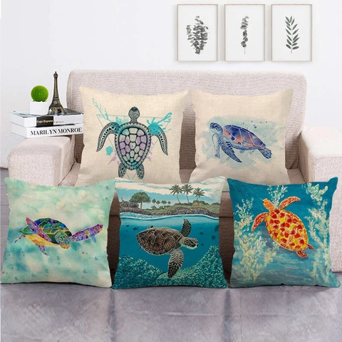 Meeresschildkröte Muster Leinenmischung Kissenbezug Dekorativer Quadratischer Kissenbezug Küsten Ozean Thema Für Sofa Wohnzimmer Deko