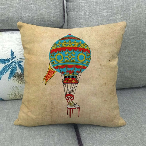 Vintage Heteluchtballon Linnen Kussenhoes Retro Illustratie Vierkante Kussensloop Voor Bank Huis Decoratie Woonkamer