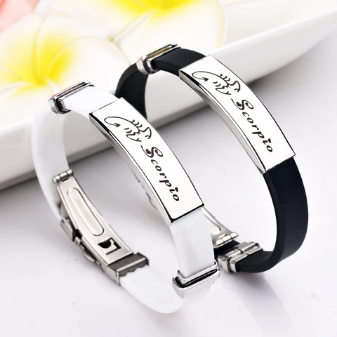Bracelet de Couple Signes du Zodiaque en Acier Inoxydable Silicone Ajustable pour Hommes Femmes Bijoux de Mode Cadeau Scorpion Lion Bélier