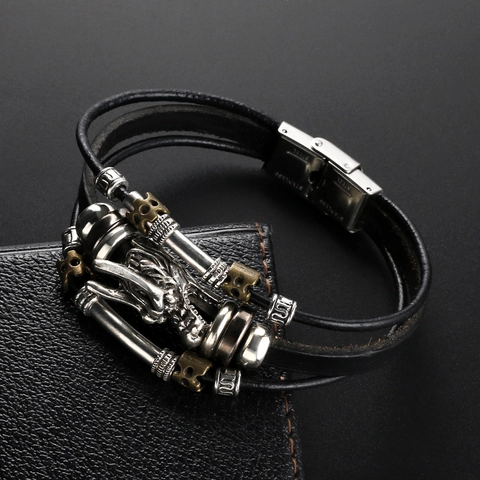 Pulsera De Cuero Cabeza De Dragón Multicapa Trenzada Cuero Genuino Aleación Cierre Acero Inoxidable Joyería Punk Hombre