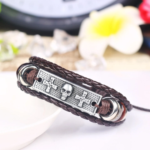 Bracciale In Pelle Intrecciata Multistrato Teschio Vintage Con Piastra In Lega Croce Gioielli Punk Gothic