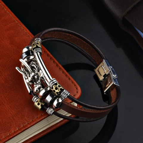 Pulsera De Cuero Cabeza De Dragón Multicapa Trenzada Cuero Genuino Aleación Cierre Acero Inoxidable Joyería Punk Hombre