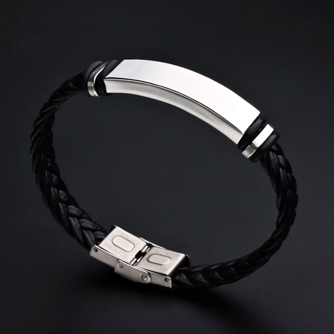 Herren Geflochtenes PU Lederarmband Mit Polierter Edelstahlplatte Verstellbarer Lässiger Modeschmuck