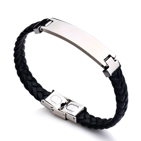 Herren Geflochtenes PU Leder Armband Mit Polierter Edelstahl ID Platte Retro Punk Minimalistischer Stil Unisex Schmuck