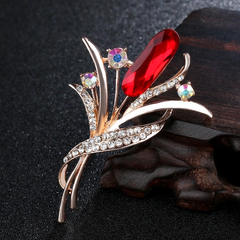 Elegante Rote Kristall Blume Brosche Für Damen Legierung Roségold Vergoldet Strass Blumen Anstecknadel Hochzeit Schmuck