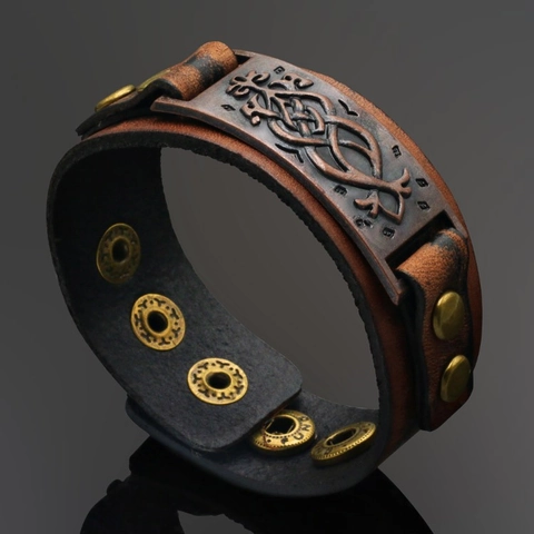 Vintage Punk Wide Genuine Leather Bracelet With Alloy Celtic Knot Metal Plate Adjustable Snap Button For Men Women
