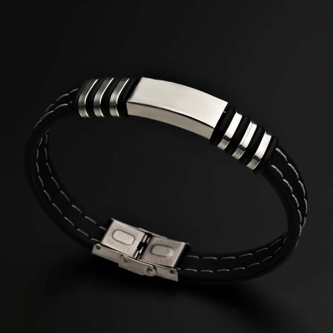 Herren Mode Edelstahl Silikon Armband Verstellbar Schwarz Gummi Armreif Mit Metallplatte Faltschließe Schmuck Geschenk