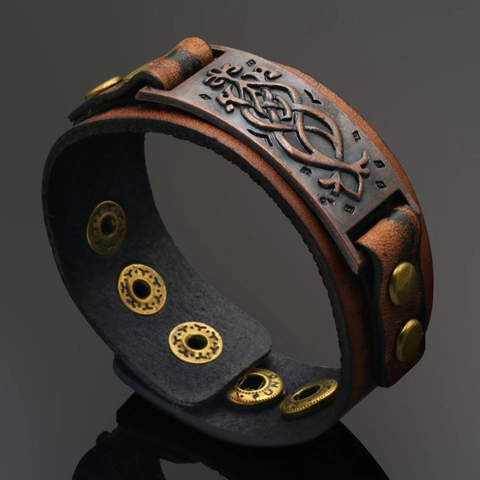 Vintage Punk Wide Genuine Leather Bracelet With Alloy Celtic Knot Metal Plate Adjustable Snap Button For Men Women
