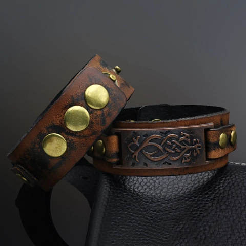 Vintage Punk Wide Genuine Leather Bracelet With Alloy Celtic Knot Metal Plate Adjustable Snap Button For Men Women