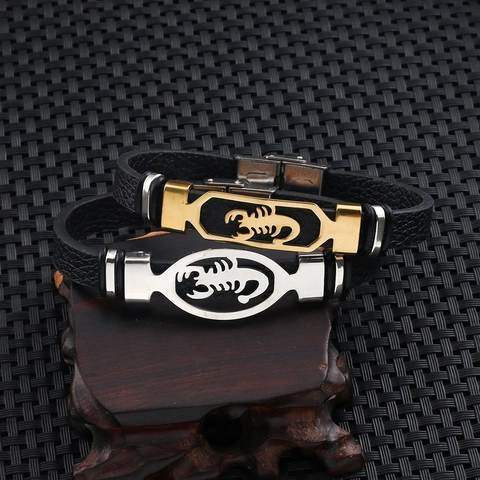 Men's Leather Bracelet Stainless Steel Scorpio Pattern Punk Biker Scorpion Braid Wrap Wristband Hand Jewelry Gift