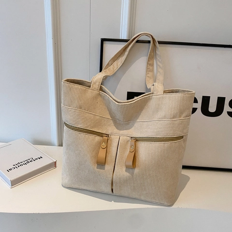 Corduroy Tote Bag Dames Grote Capaciteit Vintage Schoudertas Verticale Strepen Casual Onderarmtas Met Ritszakken Voorzijde