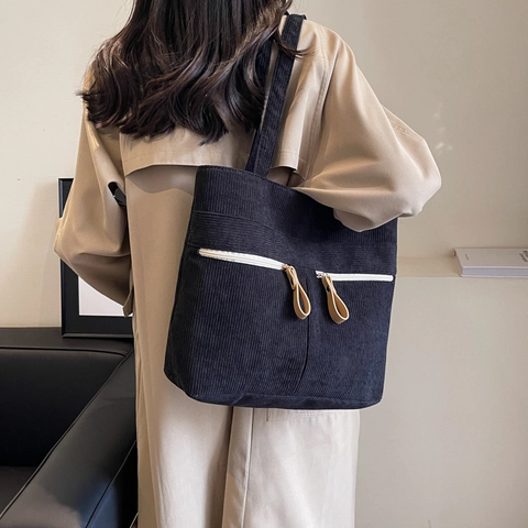 Corduroy Tote Bag Dames Grote Capaciteit Vintage Schoudertas Verticale Strepen Casual Onderarmtas Met Ritszakken Voorzijde