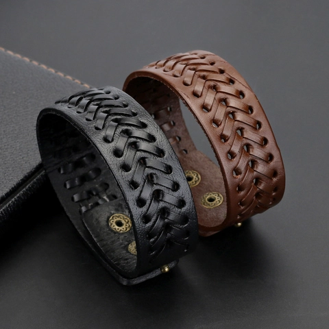 Vintage Punk Gevlochten Leren Armband Voor Heren Breed Legering Drukknoop Verstelbare Vlecht Polsband Retro Unisex Sieraden Cadeau