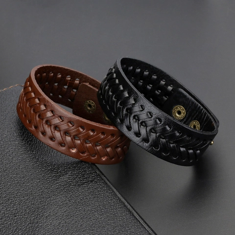 Vintage Punk Gevlochten Leren Armband Voor Heren Breed Legering Drukknoop Verstelbare Vlecht Polsband Retro Unisex Sieraden Cadeau
