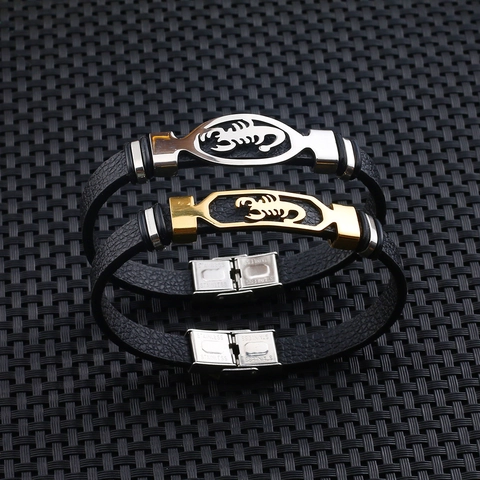 Men's Leather Bracelet Stainless Steel Scorpio Pattern Punk Biker Scorpion Braid Wrap Wristband Hand Jewelry Gift