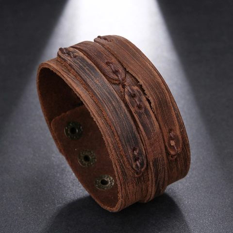 Bracciale Largo In Vera Pelle Con Bottoni A Pressione In Lega Regolabile Stile Punk Vintage Unisex