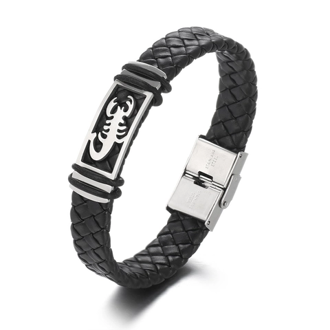 Men Vintage Braided Leather Bracelet Stainless Steel Scorpion Feather Charm Punk Casual Wristband
