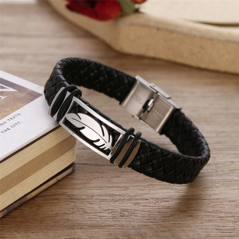 Men Vintage Braided Leather Bracelet Stainless Steel Scorpion Feather Charm Punk Casual Wristband