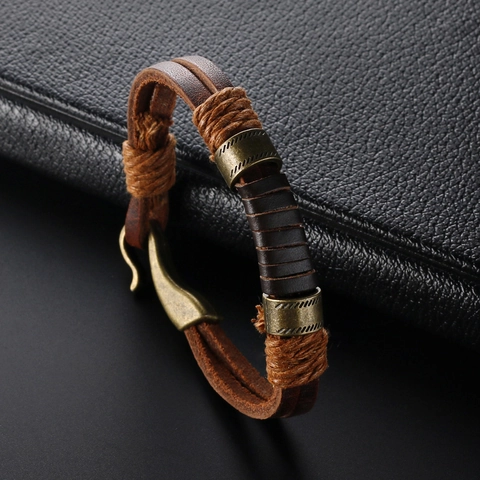 Retro Handgefertigtes Geflochtenes Echtes Leder Armband Für Herren Kupfer Haken Geometrischer Charme Vintage Schmuck Braunes Armband Geschenk