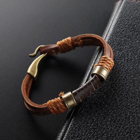 Retro Handgefertigtes Geflochtenes Echtes Leder Armband Für Herren Kupfer Haken Geometrischer Charme Vintage Schmuck Braunes Armband Geschenk