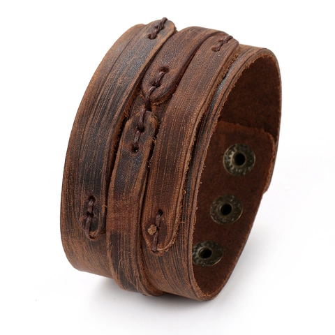 Bracciale Largo In Vera Pelle Con Bottoni A Pressione In Lega Regolabile Stile Punk Vintage Unisex