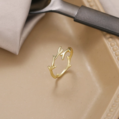 Branch Shape Open Ring Copper Gold Silver Plated Minimalist Adjustable Olive Leaf Nature Inspired Jewelry For Women