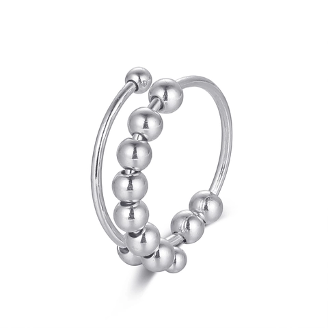 Fidget Beads Ring Stainless Steel Copper Rotatable Anti Anxiety Open Adjustable Fashion Jewelry Women Men