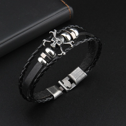 Bracciale Teschio Punk Multistrato Pelle Intrecciata Perle Lega Retro Gotico Gioielli Biker Da Uomo