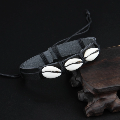 Leather Bracelet With Natural Cowrie Shells Handmade Adjustable Woven Cord Beach Holiday Ethnic Jewelry For Men