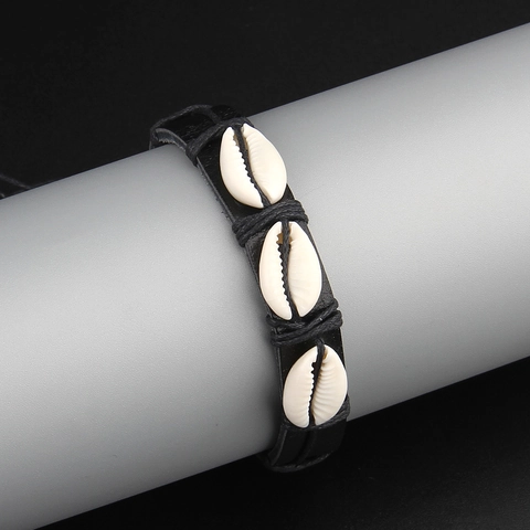 Leather Bracelet With Natural Cowrie Shells Handmade Adjustable Woven Cord Beach Holiday Ethnic Jewelry For Men