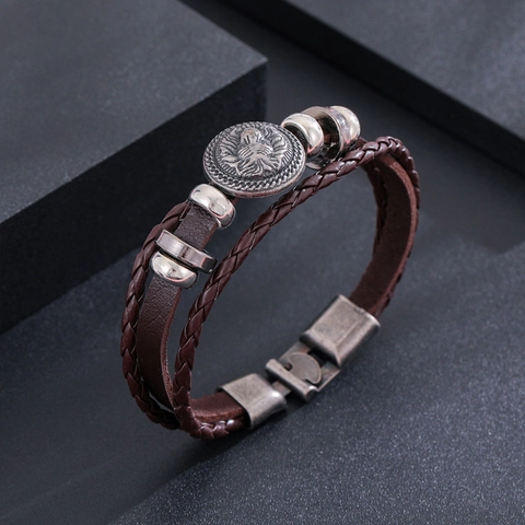 Bracciale Da Uomo In Pelle Intrecciata Retrò Con Rilievo A Testa Di Leone In Lega Gioielli Stile Punk Vintage Regalo